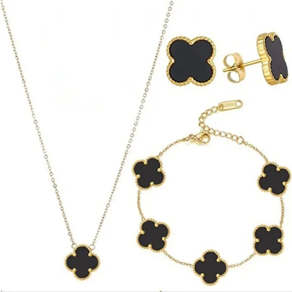 18K Gold Plated Black Alhambra Clover Motifs Set of Bracelet Earrings & Necklace